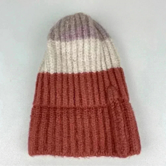 BOUTIQUE Women's OS Chunky Knit Stripe Beanie Sara Winter Hat Orange Cream Purpl - Picture 6 of 10